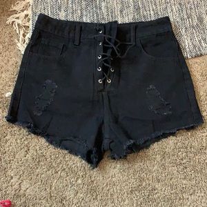 Women’s Lace up- high waisted black denim shorts